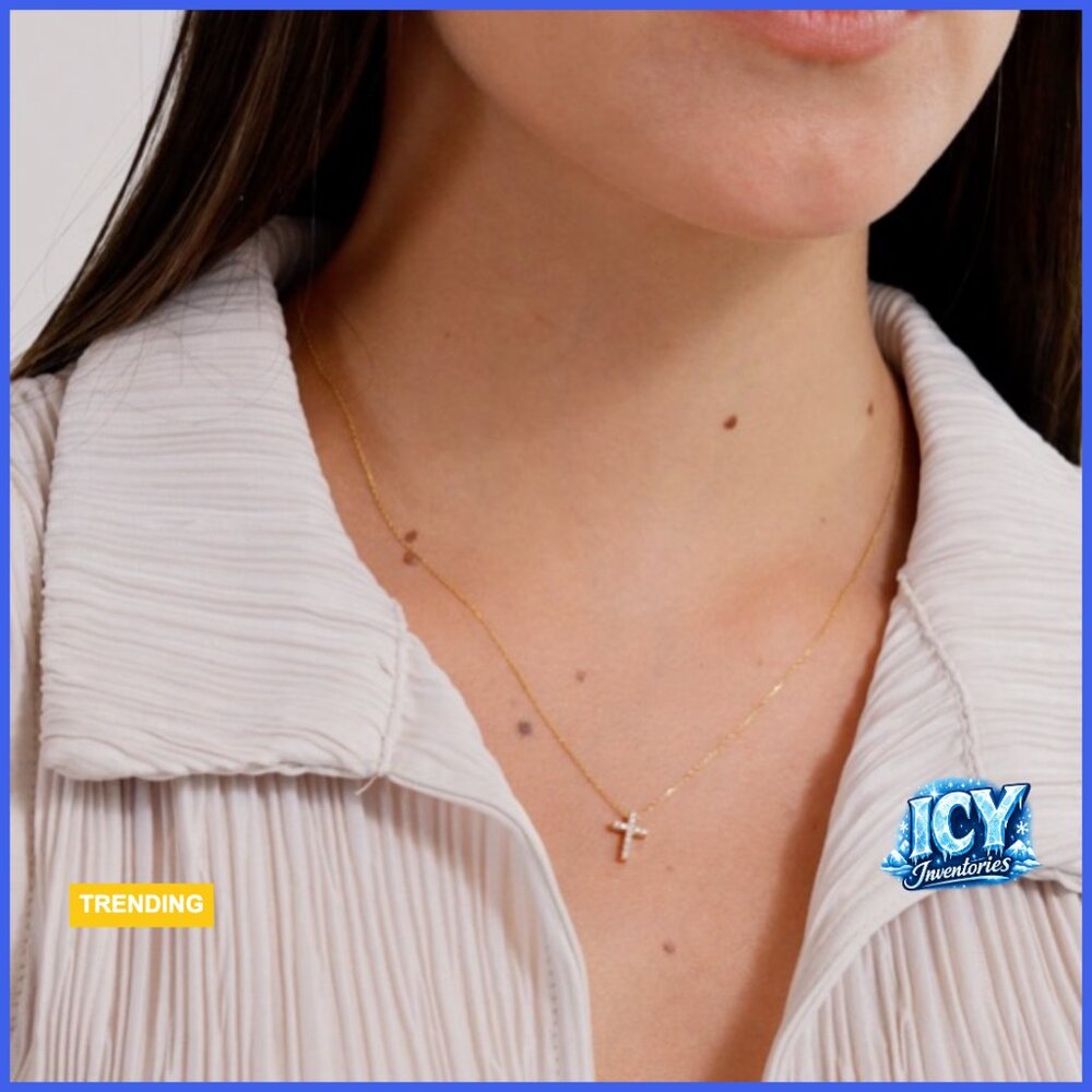 14K Solid Gold Diamond Cross Pendant Necklace, 18 Inch Chain - Picture 7 of 7